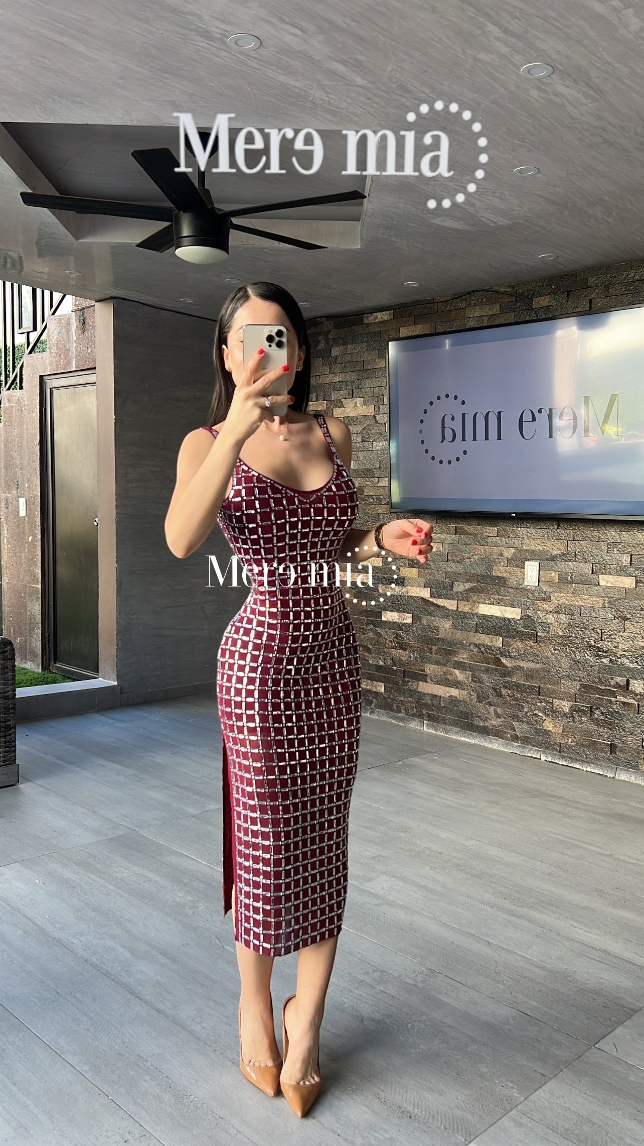 Vestido tinto apl cuadros plata