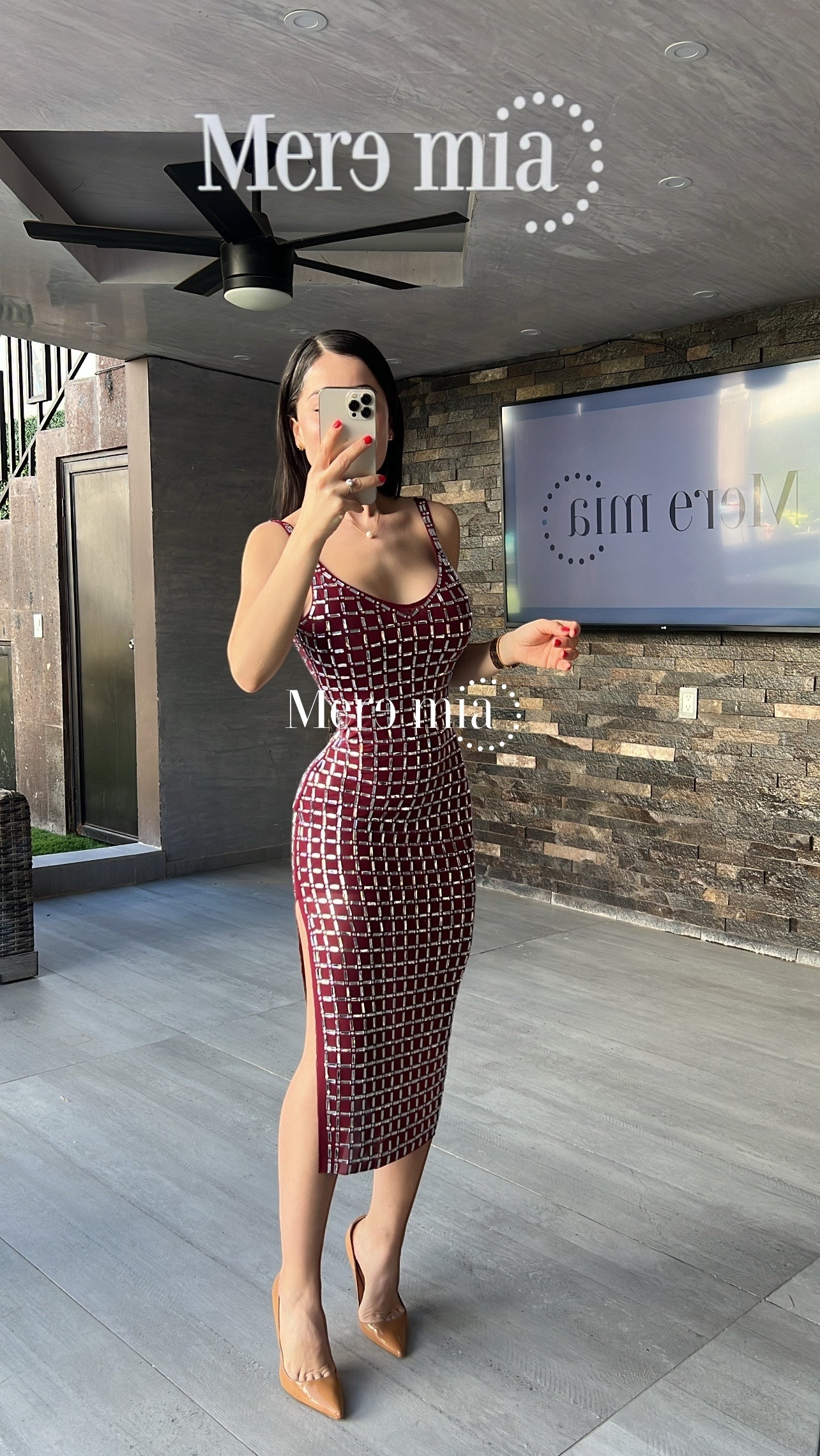 Vestido tinto apl cuadros plata