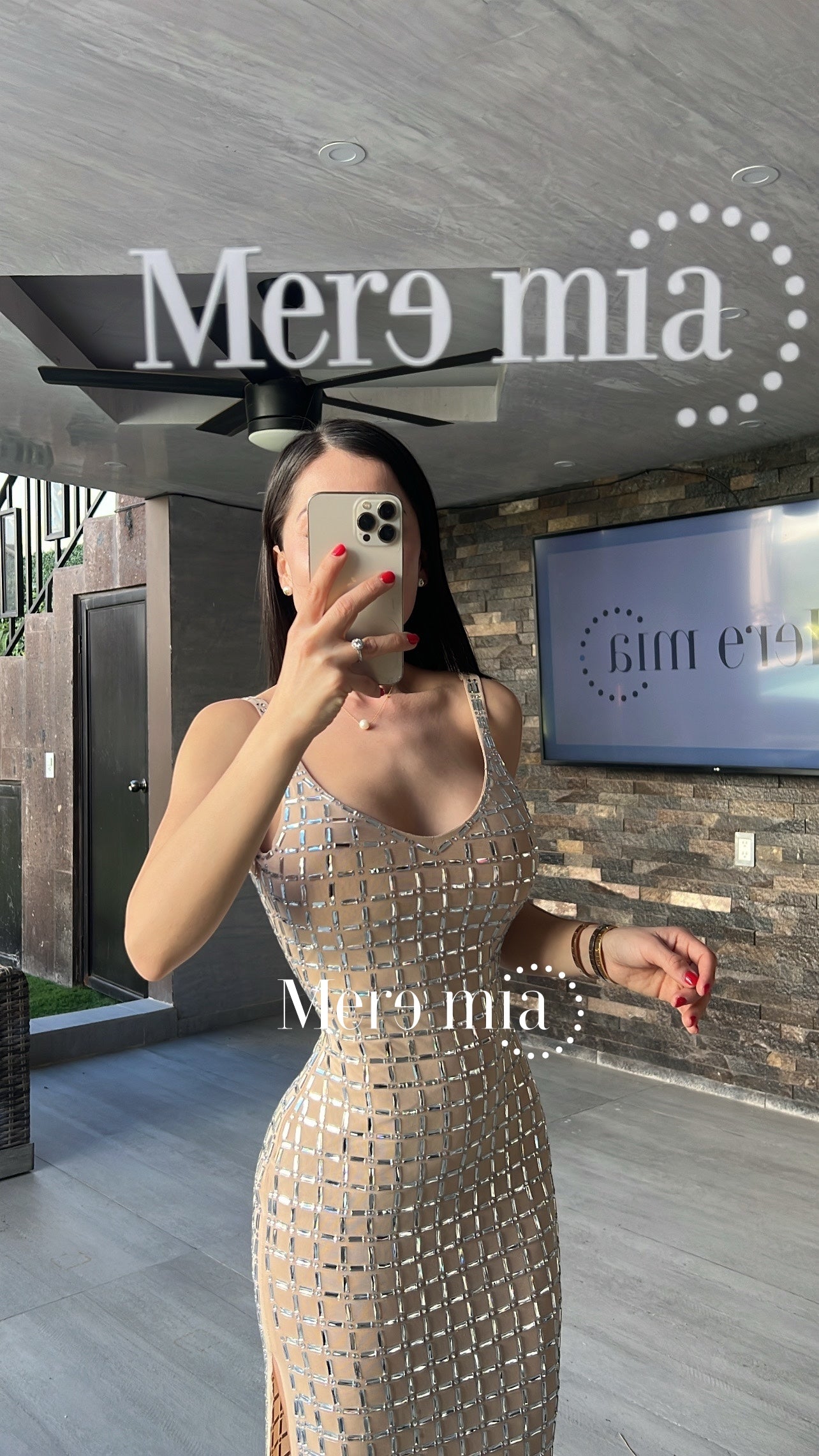 Vestido nude apl plata cuadros