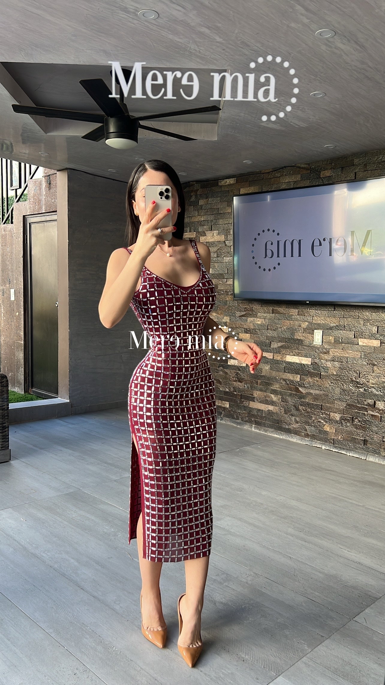 Vestido tinto apl cuadros plata