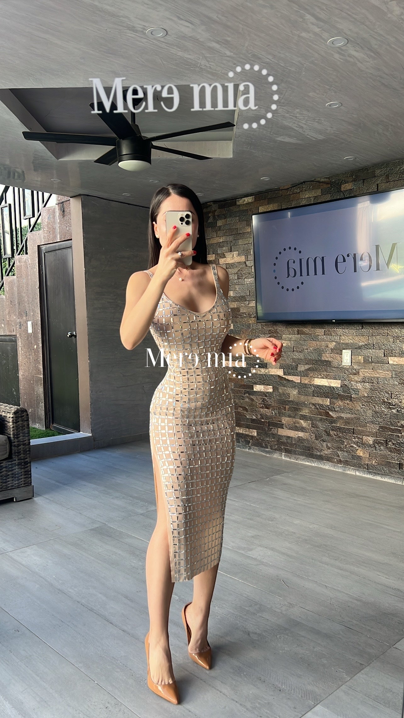 Vestido nude apl plata cuadros
